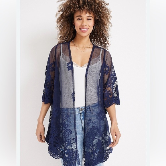 Maurices Sweaters - Lace Duster fairy Kimono Blue Oversized Small Floral Long See Through